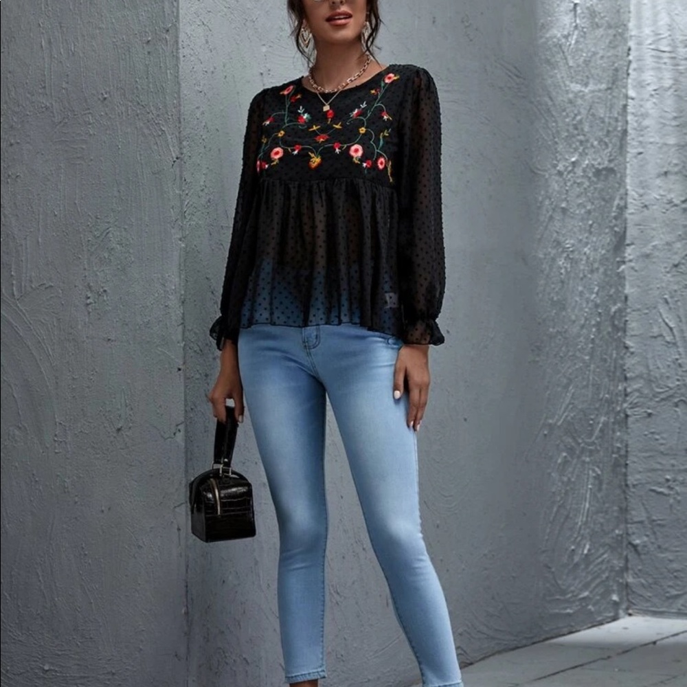 Black Swiss dot floral embroidered mesh blouse - Picture 6 of 9